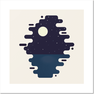 Flat Moon over the ocean Posters and Art